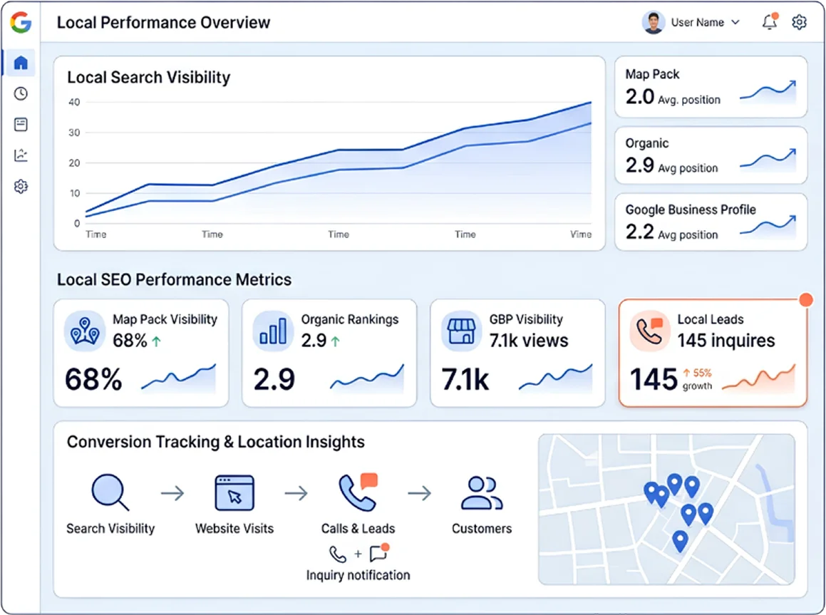 Local SEO growth dashboard showing rankings, visibility, and lead tracking