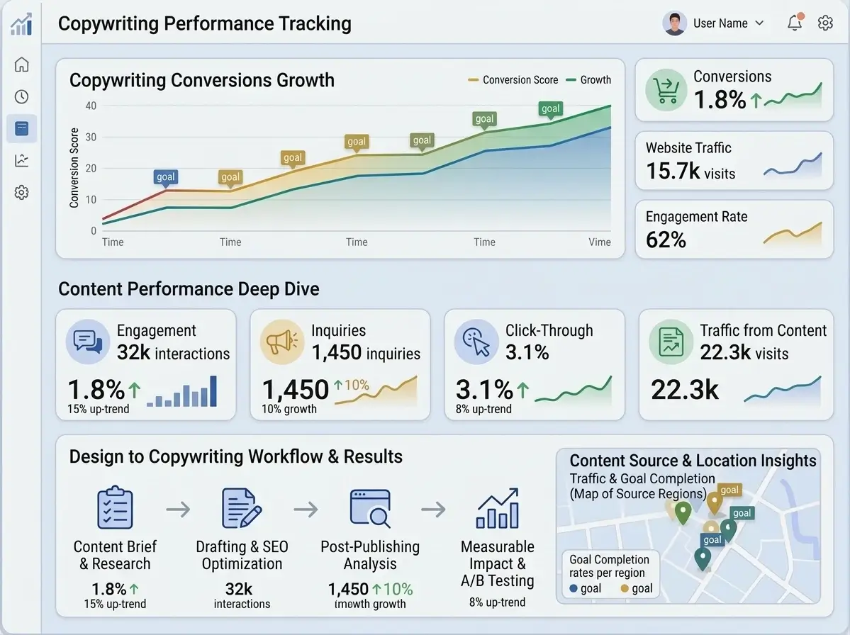Copywriting performance dashboard showing conversions, engagement, and inquiries