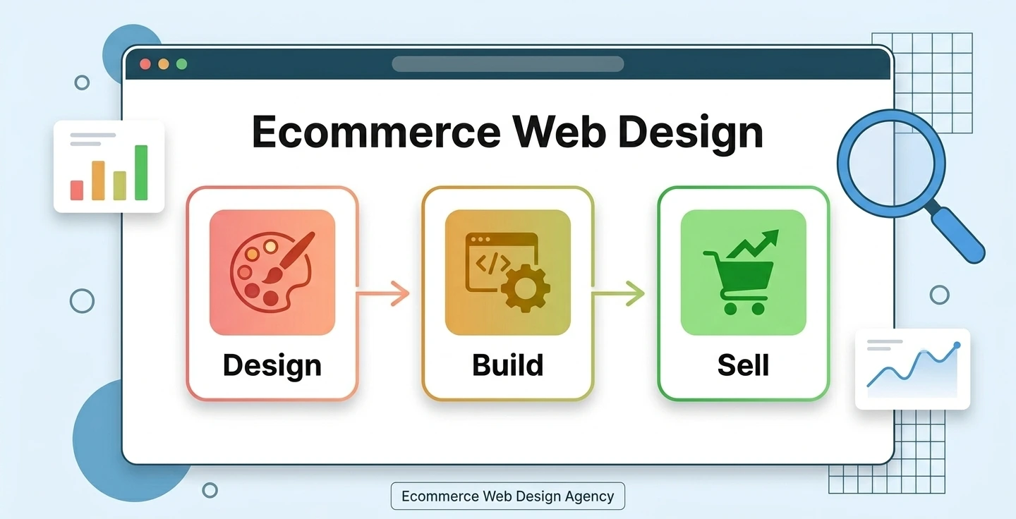 Ecommerce web design process showing design, build, and sell stages