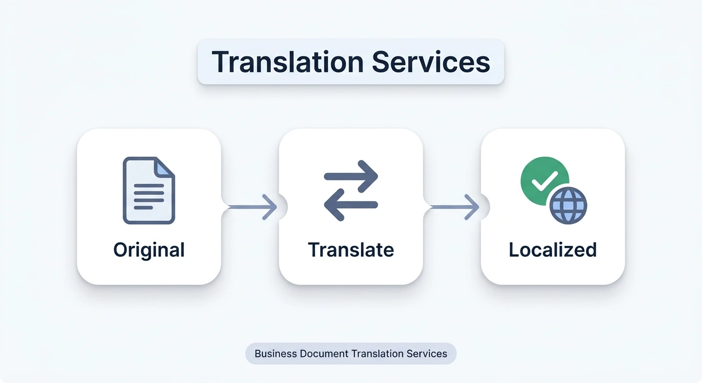 Translation services process showing original, translate, and localized stages