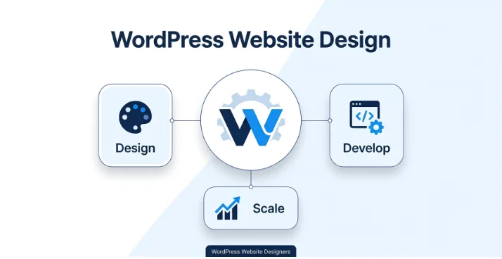 WordPress website design process showing design, development, and scaling stages