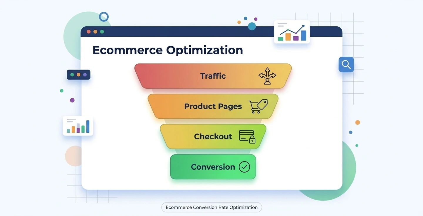 Ecommerce optimization conversion funnel showing traffic to purchase journey
