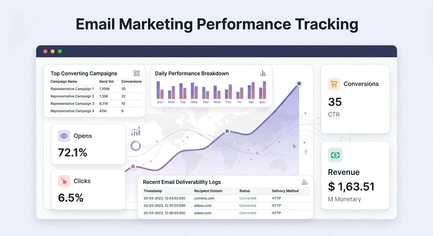 Email marketing performance dashboard showing opens, clicks, and revenue