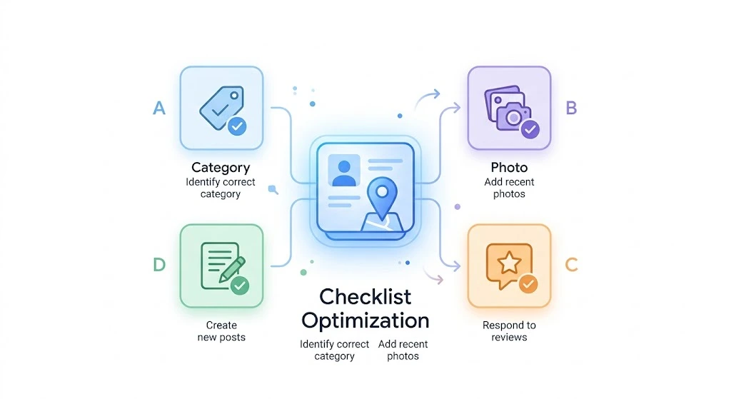 Google Business Profile optimization graphic showing categories, photos, reviews, and posts