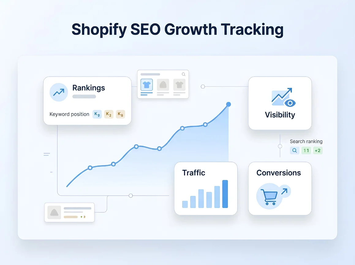 Shopify SEO growth dashboard showing product rankings, traffic, and conversions