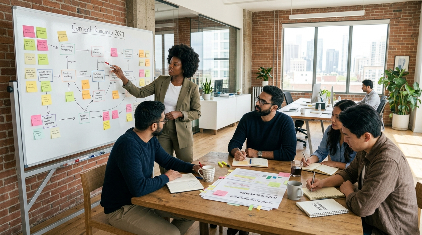 Strategist presenting a marketing roadmap to an agency team