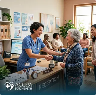 Nurse greeting an elderly patient at clinic reception