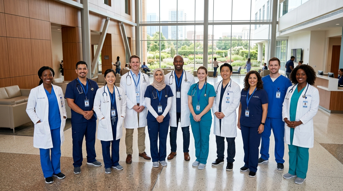 Access For Health case study: healthcare team in modern clinic lobby
