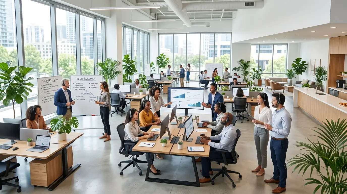 Babelforce case study: customer support and technology team in a modern office