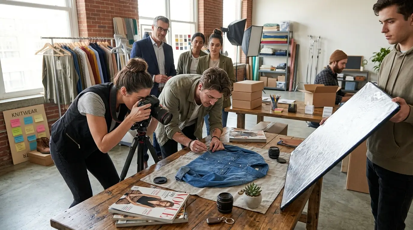 Team styling and photographing products in a studio