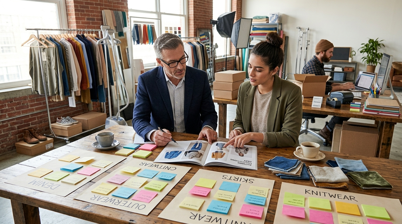 Consultant and store owner reviewing product categories