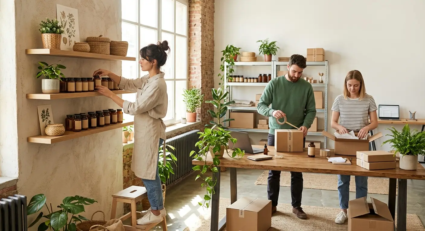 Fafabiotic case study: wellness ecommerce team preparing orders in a bright studio