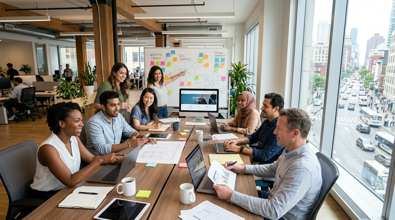 Link2City case study: marketing and web team collaborating in a city office