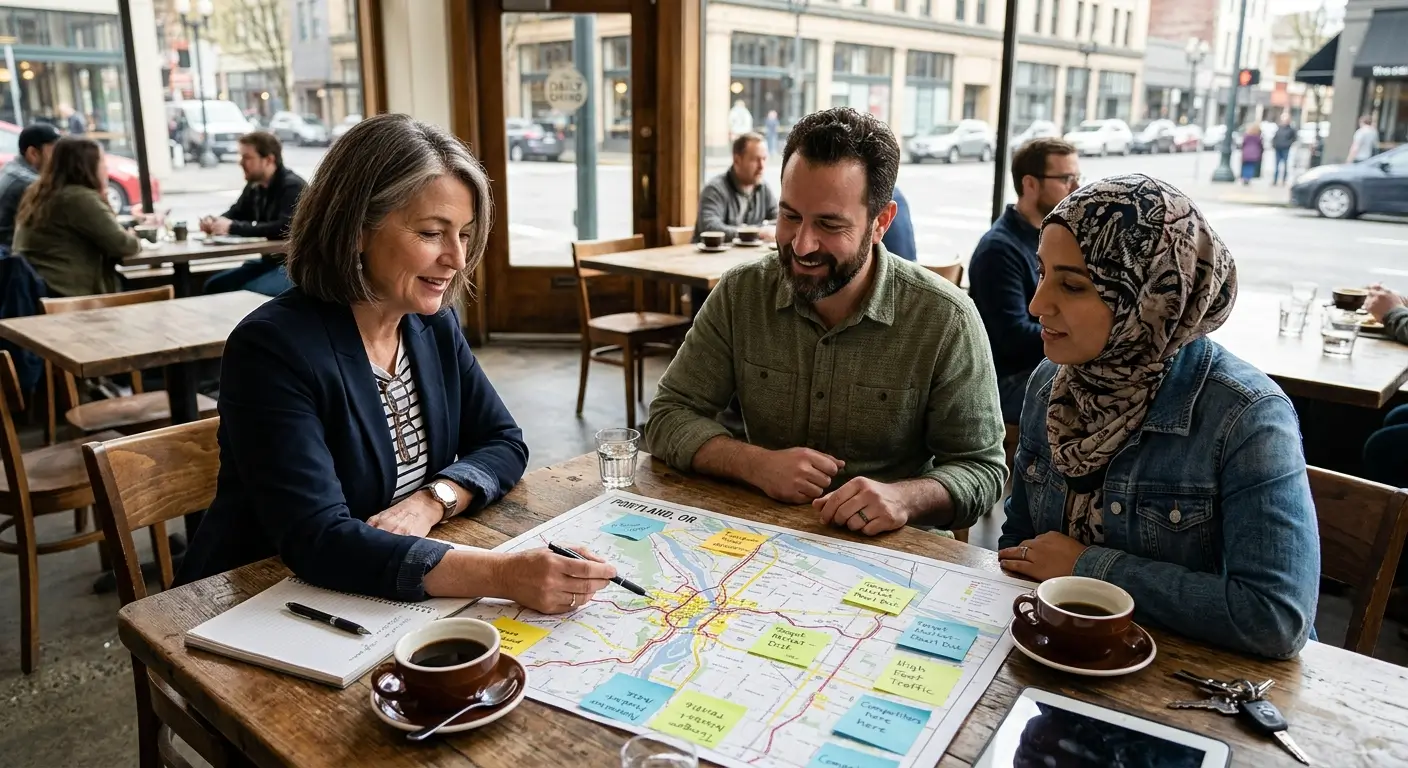 Consultant and local business owners reviewing a city map
