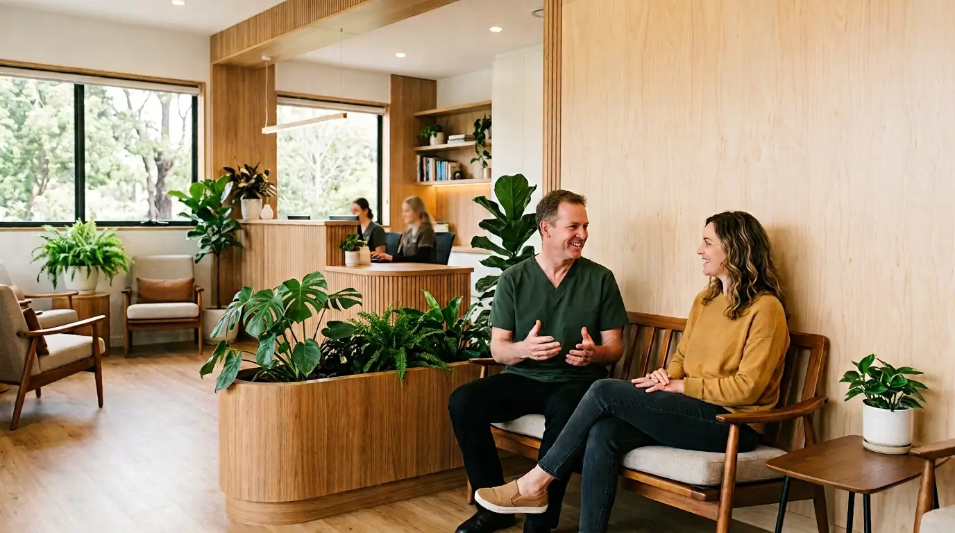 Nature Bio Dental case study: dentist welcoming a patient in a calm, natural clinic