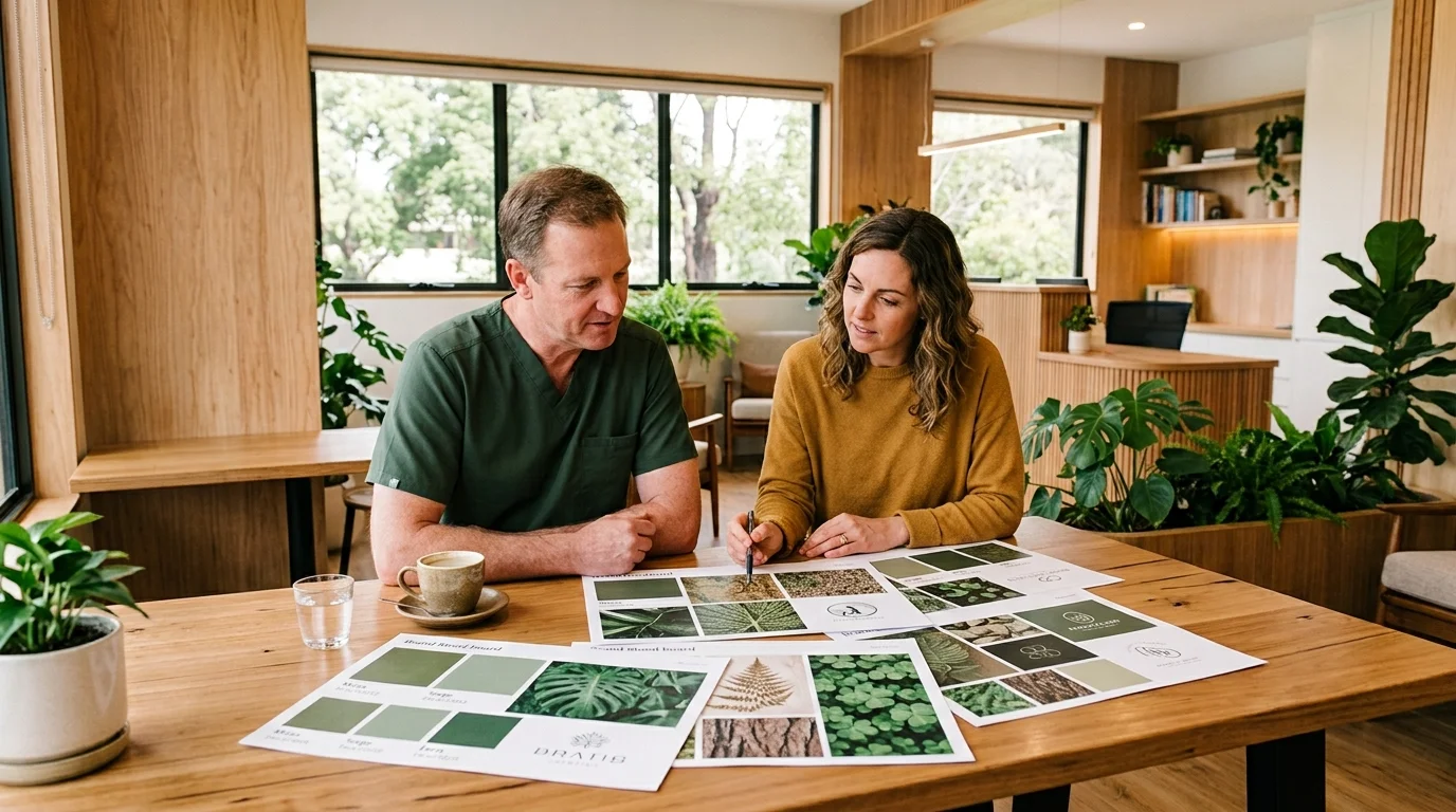 Dentist and consultant reviewing brand mood boards