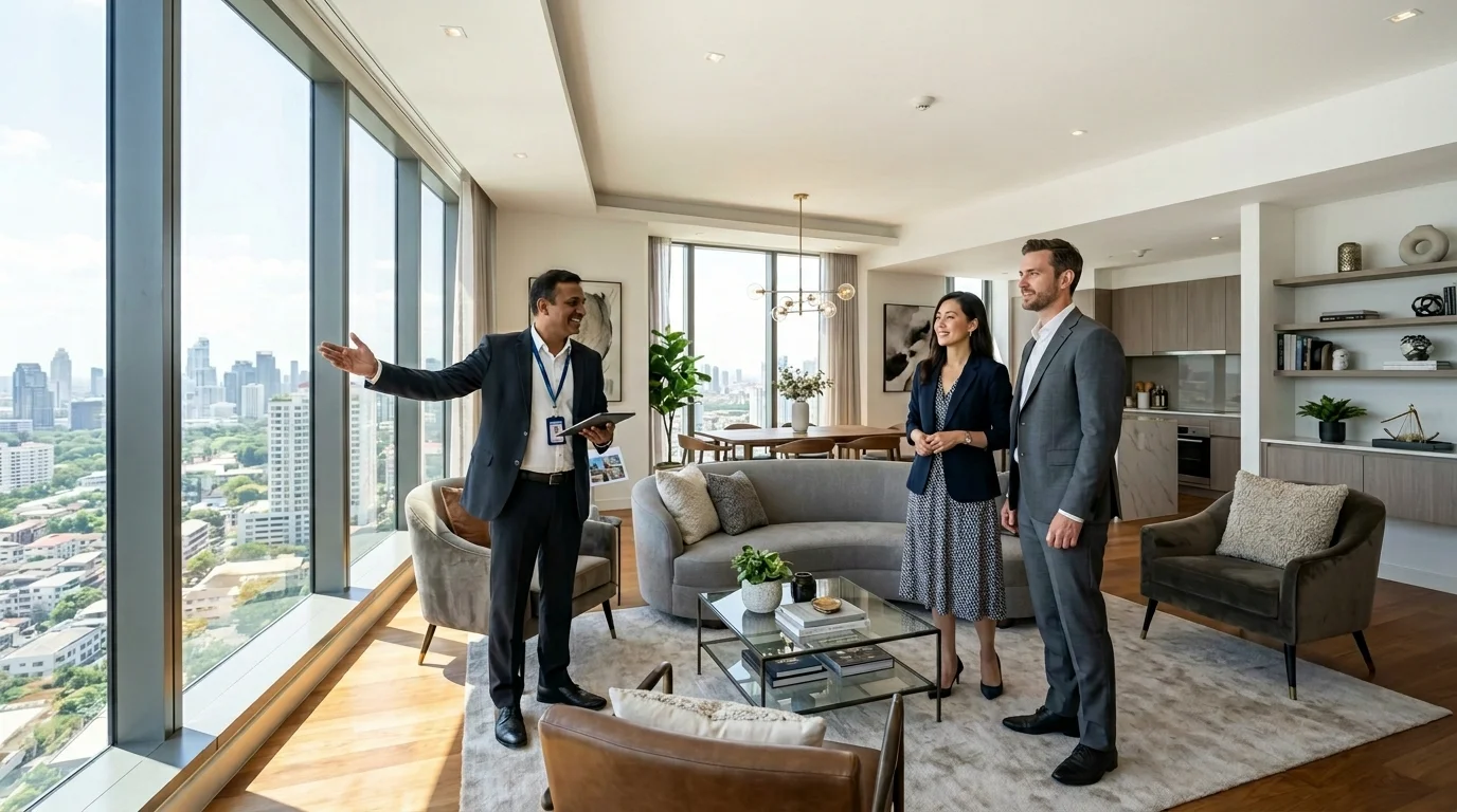RBA Residences case study: consultant showing buyers a luxury model apartment