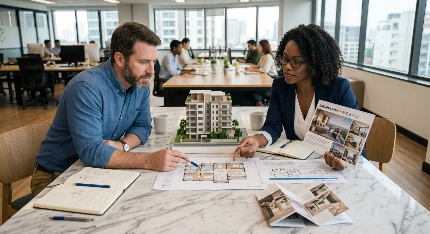 Consultant and sales manager reviewing floor plans
