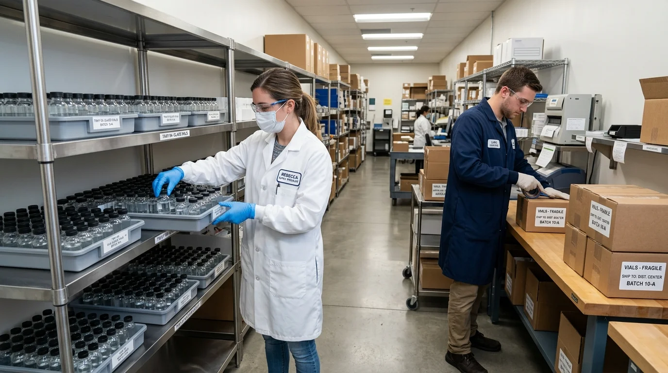 Vici Peptides case study: team organising and packing research supplies in a tidy storage room