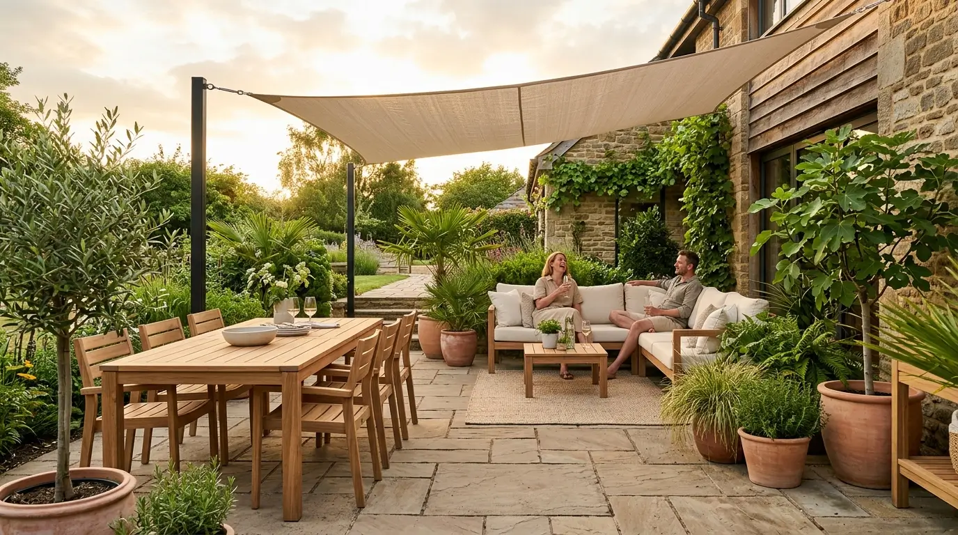 Zen Patio Solutions case study: modern outdoor dining and lounge patio at golden hour