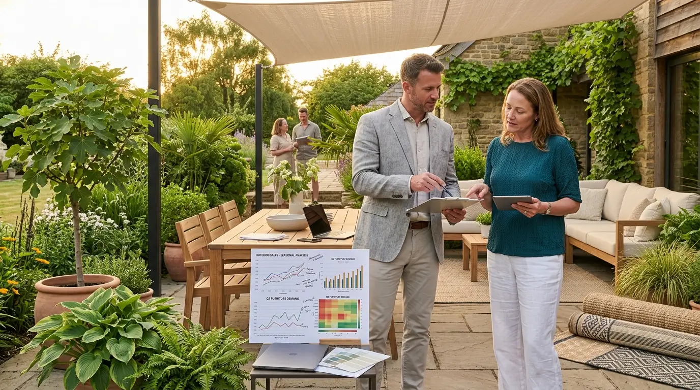 Consultant and owner reviewing seasonal sales in an outdoor furniture showroom